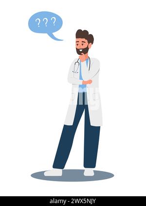 Männlicher Arzt im Zweifel. Denkender Mann in Uniform mit Fragezeichen. Suche nach Problemlösung. Vektor-Illustration in flachem Cartoon-Stil Stock Vektor