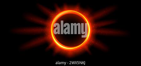 Rot-orange leuchtendes Portal-Konzept. Neon-Hologramm-Teleporttor auf schwarzem Hintergrund. Kreist digitale Aura mit Strahlen und Funkeln. Runde Hot FLARE-Vorlage für Spiel, ui, Schnittstelle. Vektorabbildung Stock Vektor