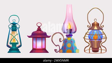 Alte Öl- und Gaslampen isoliert auf weißem Hintergrund. Vektor-Karikaturillustration von Vintage-Beleuchtungsausrüstung, Feuer brennend innen Glaslaterne mit Metallgriff, Retro-Innendesign-Elemente Stock Vektor