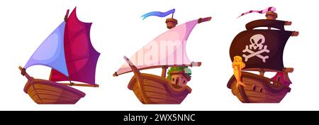 Segelboot mit Holzdeck und Stoffmasten. Angel-, wikinger- und Piraten-Vintage-Schiffe für Märchen- oder Game-ui-Design. Zeichentrickvektor-Illustration Set des Wassertransports - altes Schiff und Korsair. Stock Vektor