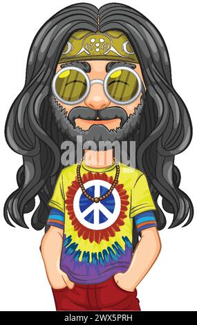Farbenfroher Hippie mit Friedensschild und Sonnenbrille. Stock Vektor