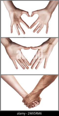 Hände, Handfläche und Collage für Gesten im Studio isoliert auf weißem Hintergrund halten. Nahaufnahme, Finger und Montage von Menschen mit Zeichen, Herz und Liebe Stockfoto