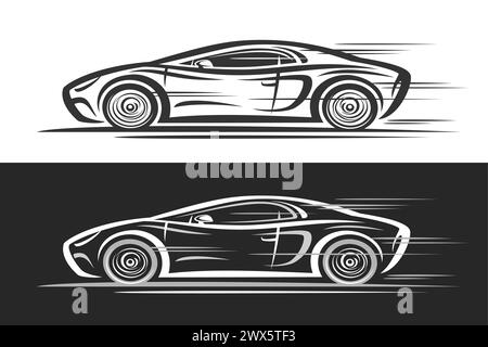 Vektor-Logo für Sportwagen, horizontale dekorative Automobil-Banner mit einfacher Konturillustration des Turbo exotischen Autos in Bewegung, Kunstdesign monochr Stock Vektor