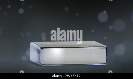 Glasquadrat transparentes Produktpodium-Modell mit hellem Bokeh-Effekt auf schwarzem Hintergrund. Realistische Vektordarstellung der minimalen Zusammensetzung mit Stock Vektor