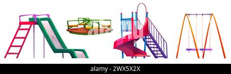 Spielplatz Park Schaukeln und Rutschen Sammlung. Zeichentrickvektor-Illustration Satz Ausrüstung für öffentliche Stadt Kindergarten oder Kindergarten. Untergeordnete Elemente eingeben Stock Vektor