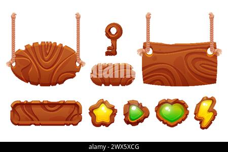 Design-Elemente des Holzspiels – ovale und rechteckige Rahmen und Ränder, die an einem Seil hängen, lange Knöpfe, Holzschlüssel und Symbole für Erfolge. Cartoon-Vektor Stock Vektor