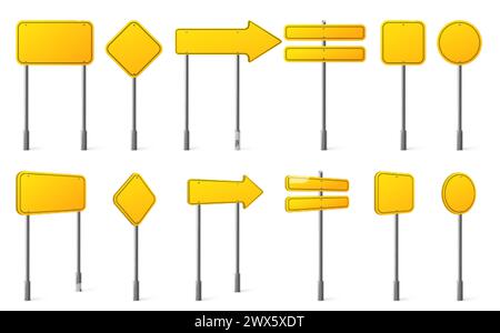 Gelbes Straßenschild an Metallstange. Realistischer 3D-Vektor-Illustrationssatz mit leeren Verkehrsschildern für Warn- oder Richtungstext. Leerer Notic Stock Vektor