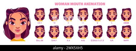 Woman Mouth Animationskit. Zeichentrickvektor-Illustration Set des jungen weiblichen Charaktergesichts mit verschiedenen Positionen der Lippen und Zunge während des Sprechens und Stock Vektor