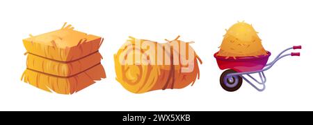Heustapel im Würfelblock, Rollen und auf roter Schubkarre. Zeichentrickvektor-Illustrationssatz des gelben trockenen Strohballen für Nutztierfutter. Ranchernte von Stock Vektor