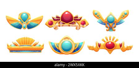 Ägyptisches Spiel-ui-Symbol mit Rand oder Trennlinie. Zeichentrickvektor Illustration Set des Schatzes altes Ägypten Rahmen Asset aus Gold mit Rot und Türkis Stock Vektor