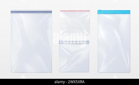 Plastiktasche mit Reißverschluss-Schließfach-Modell. Realistische Vektor-Illustration Set von Schablone für transparenten, leeren Beutel mit Reißverschluss. Tasche aus Nylon. Stock Vektor