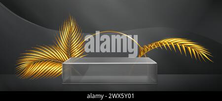 Glasquadrat transparentes Produktpodium mit goldenem Kreis und Palmblättern auf abstraktem schwarzem Hintergrund. Realistische Vektordarstellung der minimalen Rekretion Stock Vektor