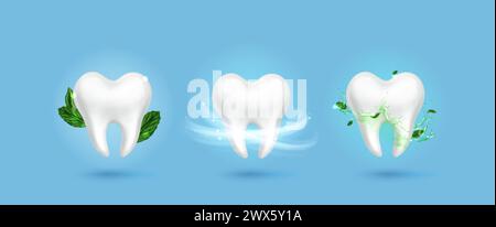 Weißer strahlender gesunder Zahn mit frischen Luftwirbeln, grünen Minzblättern und transparentem Flüssigkeitsspritzer. Realistisches 3D-Vektorzahnhygienekonzept. glo Stock Vektor