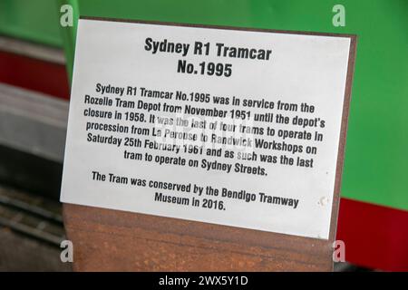 Tramsheds in Forest Lodge Glebe, Sydney R1 Tramcar Nr. 1995, die letzte Straßenbahn auf den Straßen von Sydney, wird restauriert und in den Tramsheds in Australien ausgestellt Stockfoto