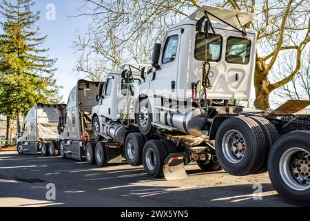 Industrieträger beige Sattelzugmaschine mit großem Lkw mit verlängerter Kabine für LKW-Fahrer-Ruhestellung zum Ziehen anderer Sattelzugmaschinen mit der Vorderachse und Stockfoto