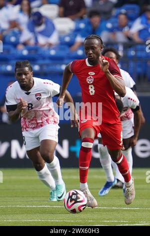 Frisco, Usa. März 2024. 23. März 2024, Frisco, Texas: Ismaël Koné #8 aus Kanada kontrolliert den Ball während des Play-in-CONCACAF Nations League-Spiels zwischen Kanada und Trinidad Tobago im Toyota Stadium. Kanada gewann mit 2:0. Am 23. März 2024 in Frisco, Texas. (Foto: Javier Vicencio/Eyepix Group/SIPA USA) Credit: SIPA USA/Alamy Live News Stockfoto