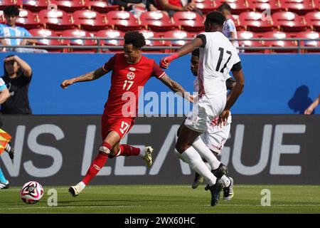 Frisco, Usa. März 2024. 23. März 2024, Frisco, Texas: Tajon Buchanan #17 von Kanada tritt den Ball während des Play-in - CONCACACAF Nations League Spiels zwischen Kanada und Trinidad Tobago im Toyota Stadium. Kanada gewann mit 2:0. Am 23. März 2024 in Frisco, Texas. (Foto: Javier Vicencio/Eyepix Group/SIPA USA) Credit: SIPA USA/Alamy Live News Stockfoto