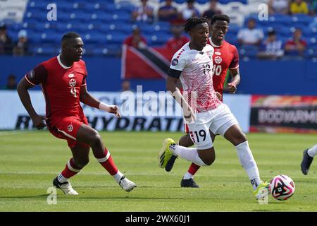 Frisco, Usa. März 2024. 23. März 2024 in Frisco, Texas: Ajani Fortune aus Trinidad und Tobago kontrolliert den Ball während des Play-in-CONCACACAF Nations League-Spiels zwischen Kanada und Trinidad Tobago im Toyota Stadium. Kanada gewann mit 2:0. Am 23. März 2024 in Frisco, Texas. (Foto: Javier Vicencio/Eyepix Group/SIPA USA) Credit: SIPA USA/Alamy Live News Stockfoto