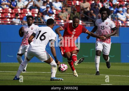 Frisco, Usa. März 2024. 23. März 2024, Frisco, Texas: Cyle Larin #9 von Kanada tritt den Ball während des Play-in - CONCACAF Nations League Spiels zwischen Kanada und Trinidad Tobago im Toyota Stadium. Kanada gewann mit 2:0. Am 23. März 2024 in Frisco, Texas. (Foto: Javier Vicencio/Eyepix Group/SIPA USA) Credit: SIPA USA/Alamy Live News Stockfoto