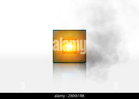 Die CPU des Computerprozessor-Chipsatzes überhitzt und brennt mit Rauch herum. CPU-Prozessor auf weißem Hintergrund isoliert. Stockfoto