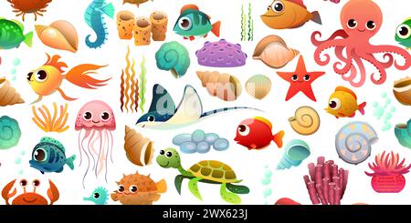 Unterwasserwelt von Tieren, Fischen und Pflanzen. Tropische Arten. Nahtloses Muster. Objekt auf weißem Hintergrund isoliert. Lustiger Cartoon-STYLE Stock Vektor