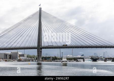 Anzac Bridge in Sydney, berühmte Brücke, die Pyrmont mit Glebe Island verbindet, 1995 eröffnet, im Stadtzentrum von Sydney, NSW, Australien Stockfoto