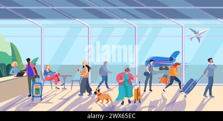 Wartezimmer am Flughafen an einem sonnigen Tag. Innenraum im Flughafenterminal mit Personen und Gepäck. Eine plumpe Frau mit einem Hund. Check-in-Schalter für Flüge. Flache Vektorillustration für Banner, Poster und Werbung Stock Vektor