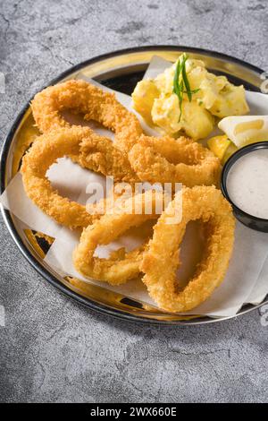Gebratene Calamari mit Kartoffelsalat daneben auf Steintisch Stockfoto