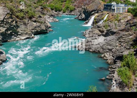 Roaring Meg Wasserkraftwerk, Karawau River, Otago, Südinsel, Neuseeland Stockfoto