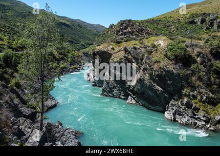 Karawau River in der Nähe von Roaring Meg, Otago, Südinsel, Neuseeland Stockfoto