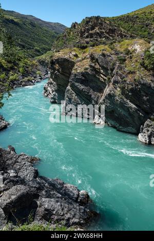 Karawau River in der Nähe von Roaring Meg, Otago, Südinsel, Neuseeland Stockfoto