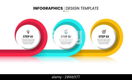 Infografik-Vorlage mit Symbolen und 3 Optionen oder Schritten. Verbundene Kreise. Kann für Workflow-Layout, Diagramm, Banner, webdesign verwendet werden. Vektor illustr Stock Vektor