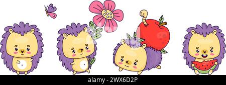 Niedliches Cartoon-Igel-Set. Lustiges Tier mit Blume und Stück Wassermelone, mit Apfel und Schmetterling. Vektor-isolierte Kawaii-Zeichen. Kinderkollektion Stock Vektor