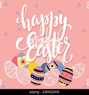 Bunte Glückwunschkarte mit bunten Eiern und rosa Hintergrund. Stock Vektor