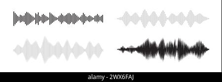 Schallwellenmuster eingestellt. Audiowellenform für Radio, Podcast, Musikaufnahmen, Videos, soziale Medien. 4 verschiedene Formen. Stock Vektor