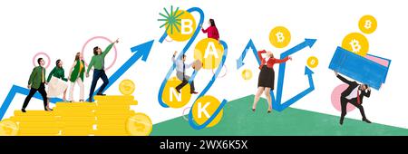 Zeitgenössische Kunstcollage. Junge Menschen, die investieren, um ein passives Einkommen zu haben. Erhöht und verringert sich. Stabiler Gewinn. Stockfoto