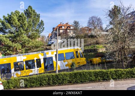 Zahnradbahn der Stuttgarter Straßenbahnen AG SSB. Im Volksmund wird die Bahn Zacke genannt, sie gilt als ein Stuttgarter Wahrzeichen. // Stuttgart, Baden-Württemberg, Deutschland, 26.03.2024 *** Zahnradbahn der Stuttgarter Straßenbahnen AG SSB im Volksmund Zacke bekannt, ist sie ein Stuttgarter Wahrzeichen Stuttgart, Baden Württemberg, Deutschland, 26 03 2024 Stockfoto