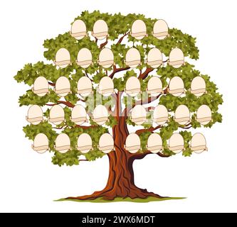 Isolierter Stammbaum der Genealogie, Abstammungsgeschichte. Vektorvorlage für Pedigree-Diagramme, leere Bilderrahmen und Papierrollen. Comic-Genealogie-Baum der Familiengenerationen, Abstammung, Blutlinie Stock Vektor