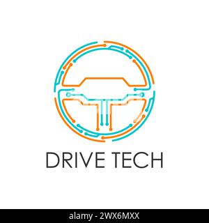 Drive-Tech-Emblem des Autolenkrads mit Platine, Vektorsymbol. Elektroauto, Rennrallye und Automobiltechnologie-Symbol für Fahrschule oder Elektroauto-Service in digitalem Fahrschild Stock Vektor