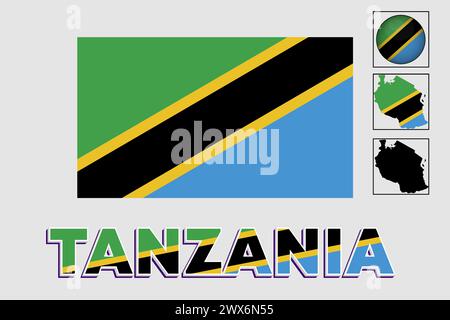 Tansania Flagge und Karte in einer Vektorgrafik Stock Vektor