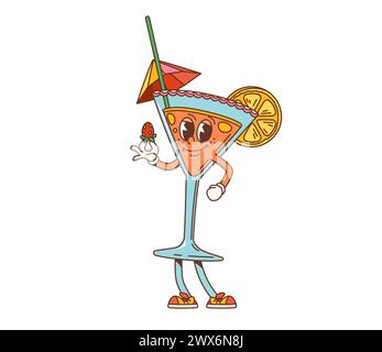 Grooviger Partycocktail-Charakter im Retro-Zeichentrick. Isoliertes Vektorglas mit Alkoholgetränk, mit Erdbeere und geschmückt mit Zitronenscheibe, Schirm und Stroh. Bar Drink Persönlichkeit feiert Party Stock Vektor