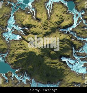 3D-Rendering der Draufsicht des Berges, umgeben von einem Fluss, isoliert auf weißem Hintergrund. 3D-Illustration des Berges umgeben von Th Stockfoto