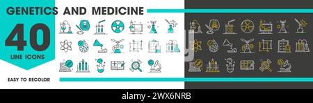 Genetik und Wissenschaft Ikonen, Physik und Medizin, Chemie und Biologie, Linienvektor. Genetische Labortests und chemische Fläschchen, DNA und Atom, Molekularlabor und genetische Forschung Linien Symbole Stock Vektor