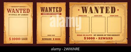 Western wollte Banner mit Belohnung. Vektorvorlagen für tote oder lebendige Vintage-Poster. Wild West Cowboy oder Texas Criminal wollten Schilder mit leeren Bilderrahmen und Kopfgeld auf alten Papiertexturen Hintergrund Stock Vektor