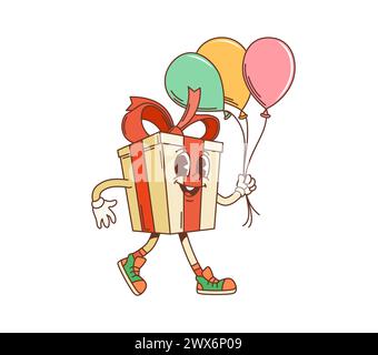 Retro-Cartoon grooviger Weihnachtsgeschenkkasten mit Ballons. Isolierte Vektor-festliche Geschenk-Persönlichkeit mit roter Schleife, trägt einen Haufen bunter Ballons, bereit für Geburtstagsfeier und Überraschung Stock Vektor