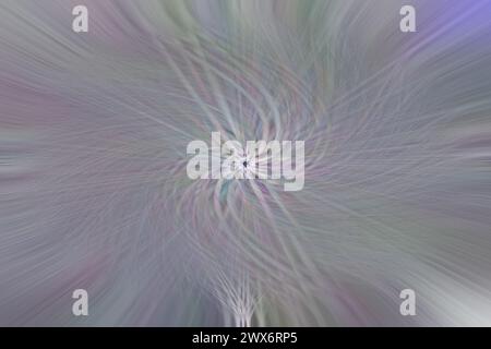 Abstraktes Design von Linien und welligen Linien, ausgehend von einem schwarzen Kern in der Mitte in Pastellfarben. Die Hauptfarben sind Grau, Blau, Violett und Hellgrün. Stockfoto