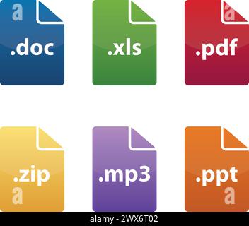 Bunte Dateisymbole in verschiedenen Formaten doc xls PDF zip mp3.ppt Stock Vektor