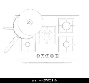 Kontur von Gasherd und Haube. Umreißen Sie die Abbildung des Backofens auf weißem Hintergrund. Vektor-Illustration Edelstahl Ofen zum Kochen. Draufsicht. 3D. Stock Vektor