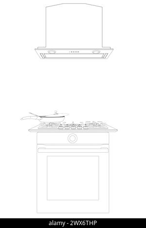 Kontur von Gasherd und Haube. Umreißen Sie die Abbildung des Backofens auf weißem Hintergrund. Vektor-Illustration Edelstahl Ofen zum Kochen. Vorderansicht. Stock Vektor