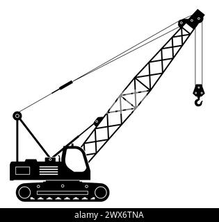 Raupenkran Silhouette auf weißem Hintergrund Vektor Illustration. Ansicht des Baufahrzeugs von der Seite Stock Vektor